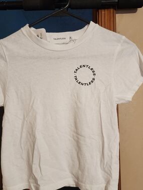 TALENTLESS Womens White Tee with Black Circular Logo